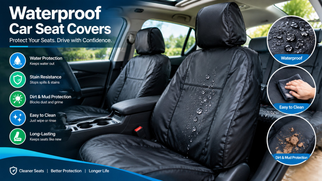 Waterproof car seat covers protecting car seats from water, spills, dirt, mud, and stains